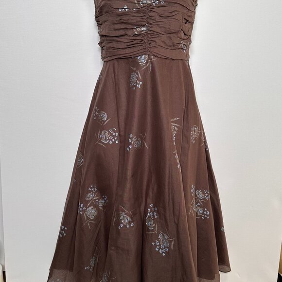 Odille STRAPLESS DRESS 100% Cotton in Mocha Brown with Blue Flowers - Picture 7 of 15